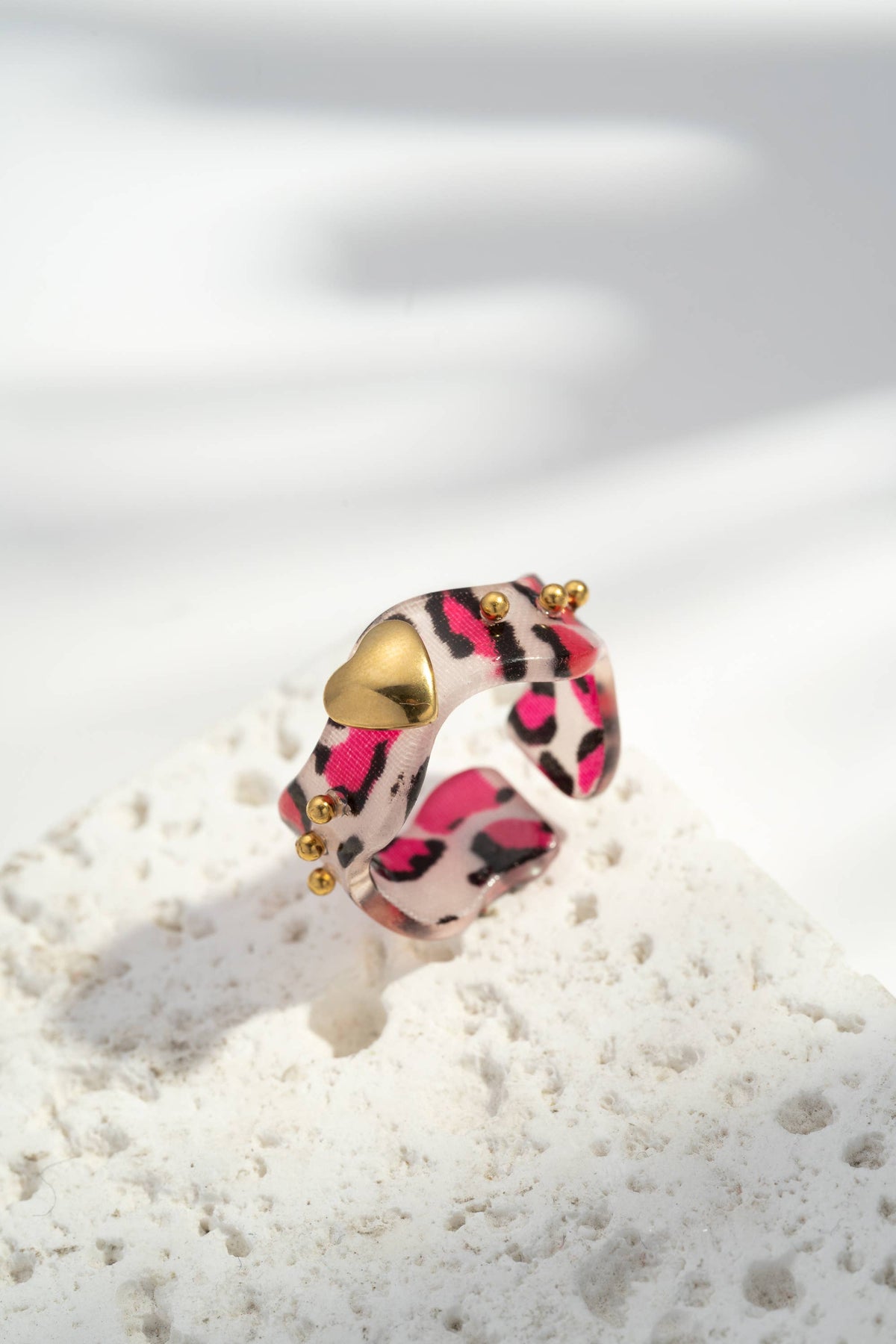 Bague résine cœur doré acier inoxydable colorée