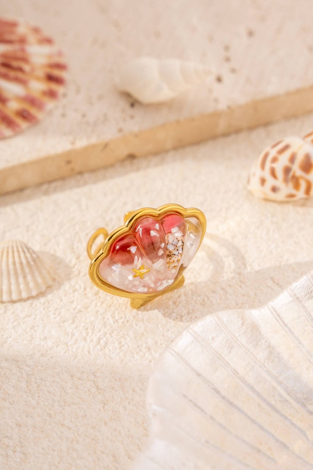 bagues coquillage résine nacrée doré été ajustables