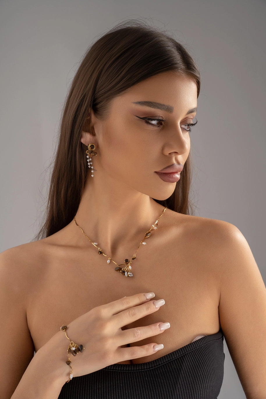Parure Dorée 3 Pièces – Pierres Naturelles et Perles acier