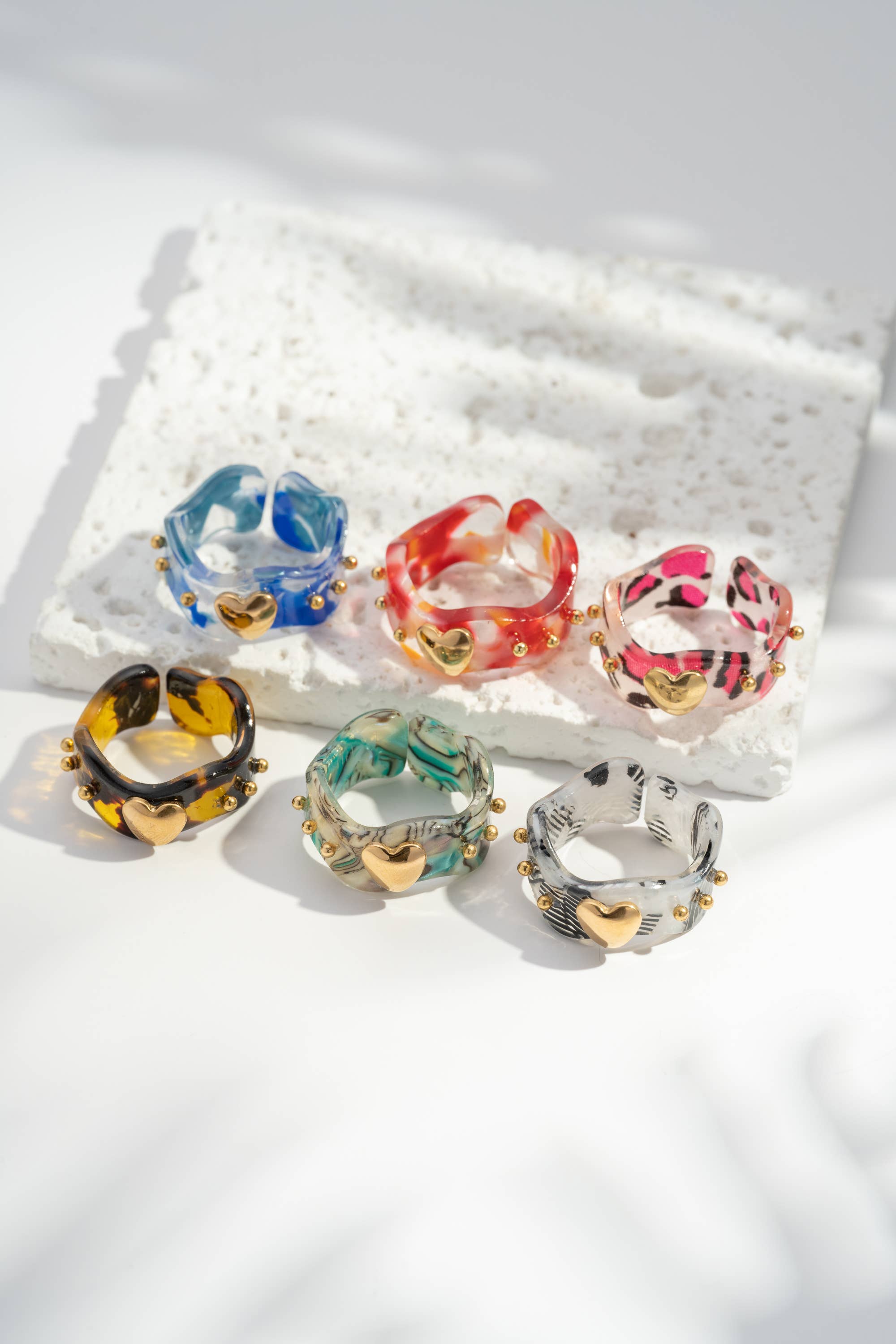 Bague résine cœur doré acier inoxydable colorée