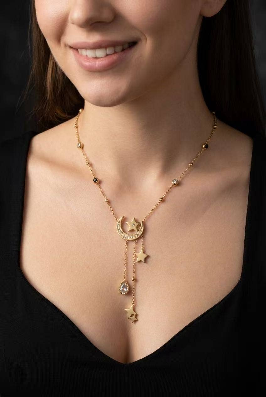 Collier doré céleste lune et étoiles en acier inoxydable
