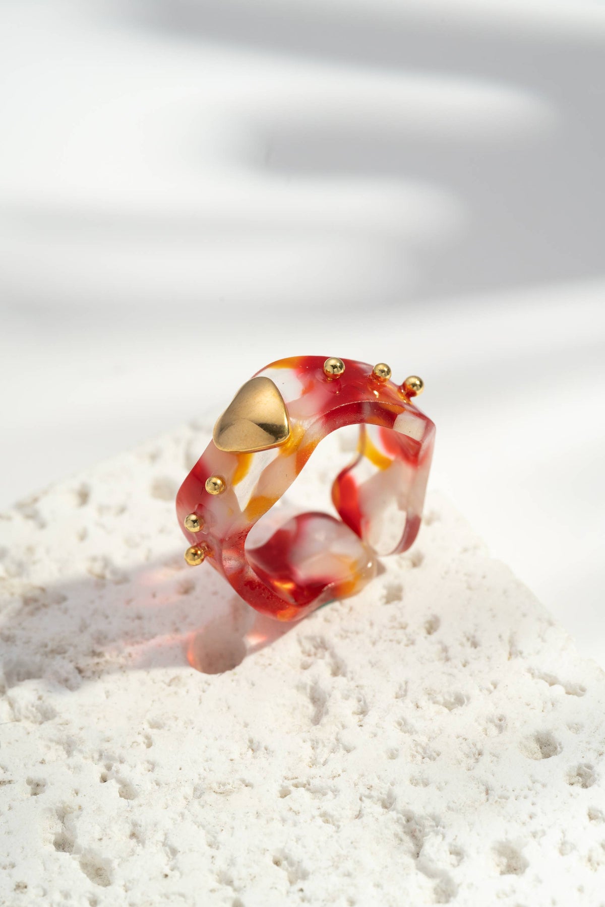 Bague résine cœur doré acier inoxydable colorée