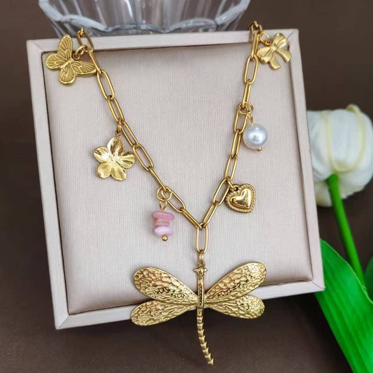 Collier acier inoxydable charms papillon fleur libellule